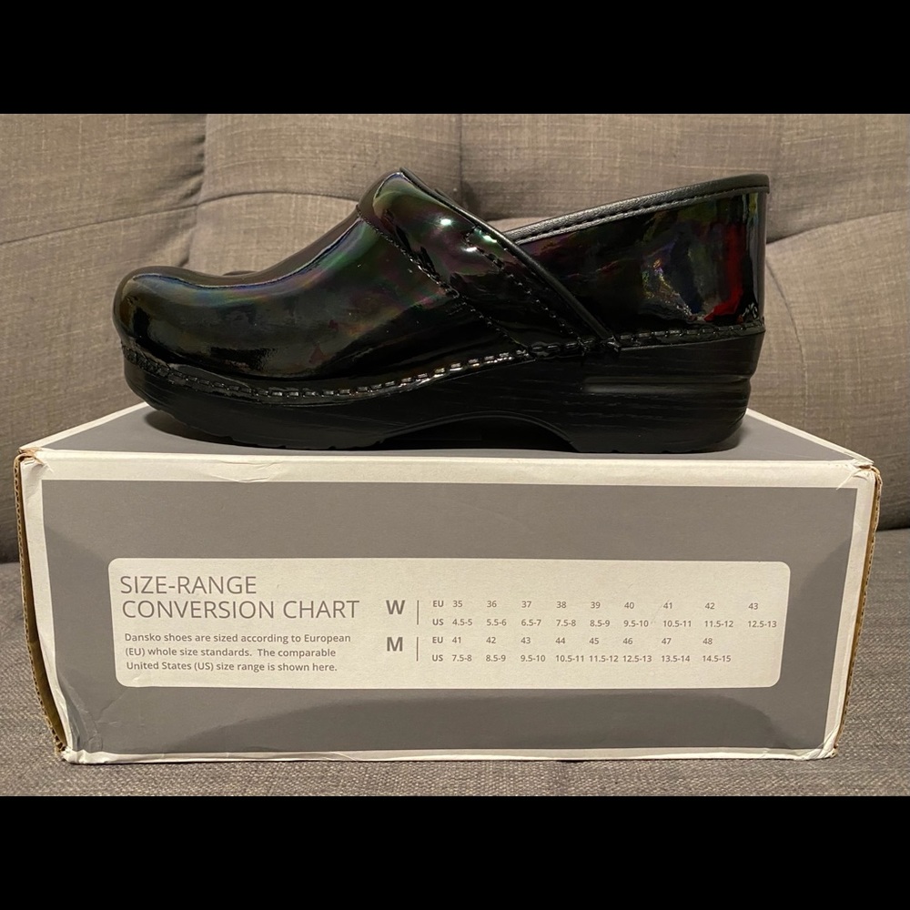 Dansko Petrol iridescent black clogs, size 39